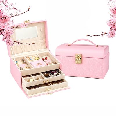 Velours rayant la boîte à bijoux de 3 couches, organisateur de tiroir de bijoux 22*16.5*12.5cm avec la serrure